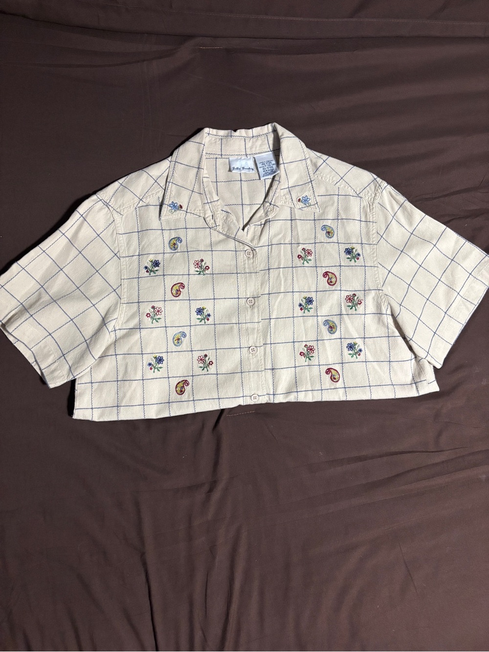 Bobbie Brooks Ivory Windowpane Button-Down Shirt with Multicolor Embroidery